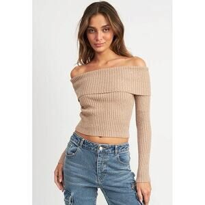 Emory Park Tan Metallic Off Shoulder Ribbed Knit Long Sleeve Crop Sweater Top S